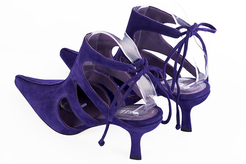 Violet purple women's open back shoes, with an instep strap. Pointed toe. High spool heels. Rear view - Florence KOOIJMAN